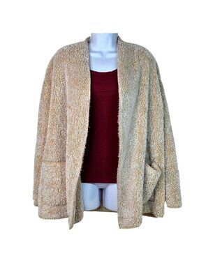 Secret Treasures Cozy Cardigan Earthen Khaki Sherpa Style Open W/ Pockets Lg